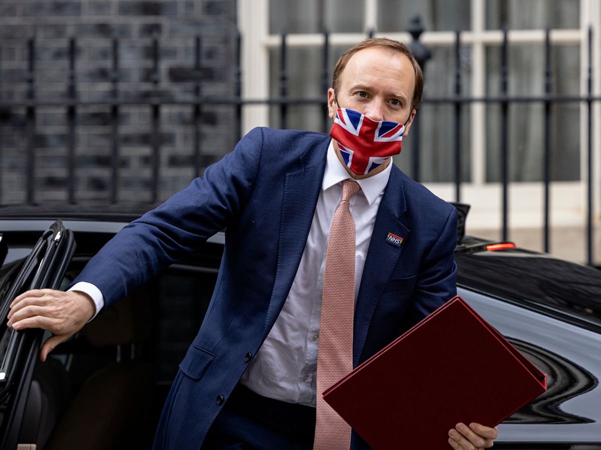 Matt Hancock with Union Jack mask